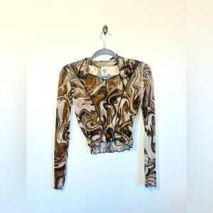 Self Esteem Crop Top M Brown/White Marble Sheer Blouse Long sleeve Club Festival